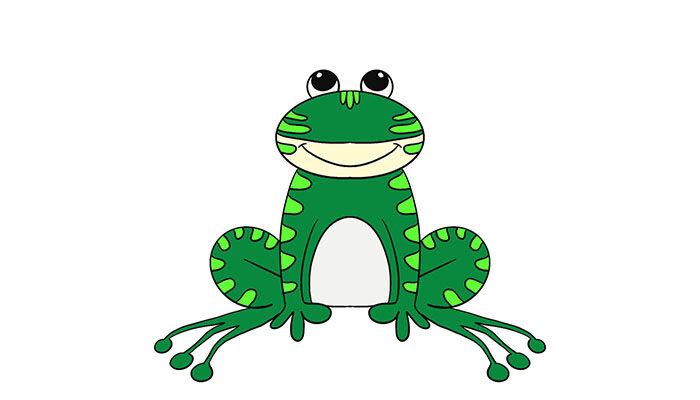 5,接着我们画出青蛙身上的花纹部分.4,我们画出青蛙的后腿和身体部分.